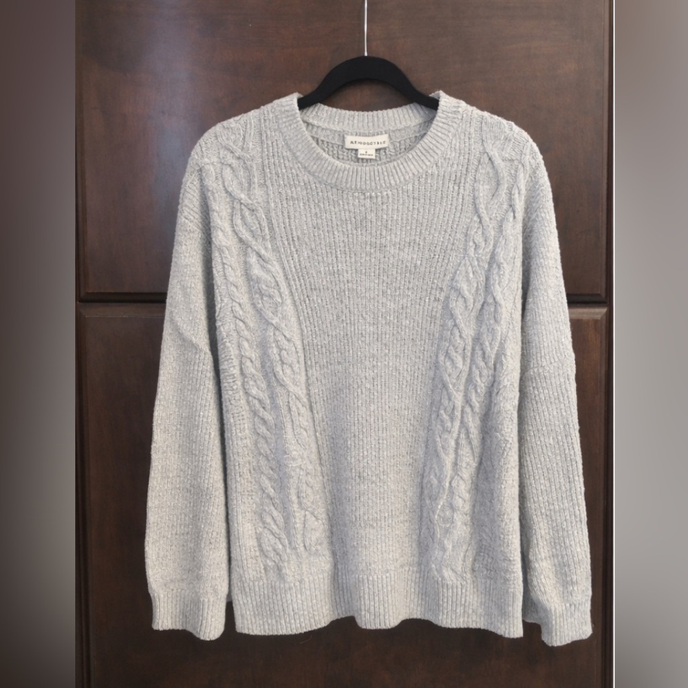 Anthropologie Light Gray Cable Knit Crewneck Sweater